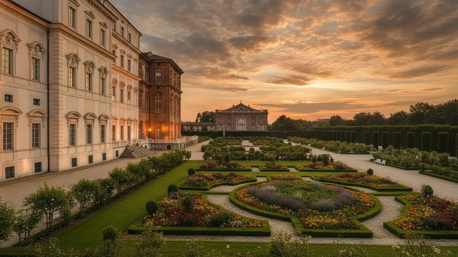 La Reggia di Venaria Reale con i suoi giardini al tramonto